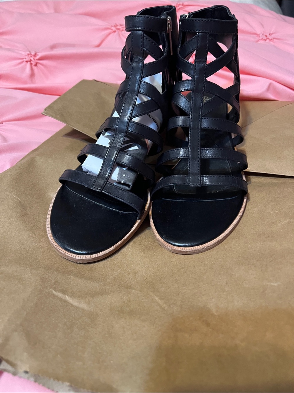 Isola Black Strappy Gladiator Sandals with Tan Trim